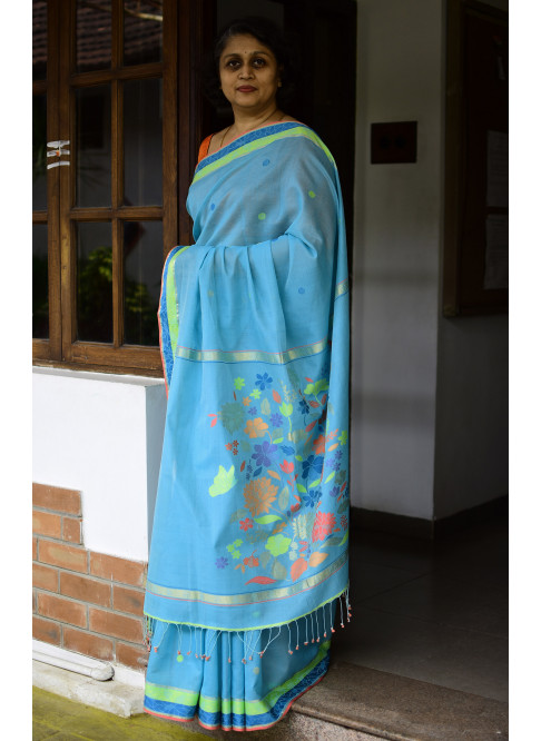 Blue, Handwoven Organic Cotton, Textured Weave , Jacquard, Work Wear Saree